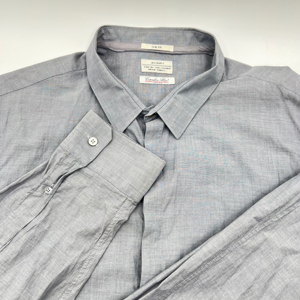 All Saints Slim Fit Dress Shirt XXL Grey Cotton Long‎ Sleeve Monza LS Shirt 0512